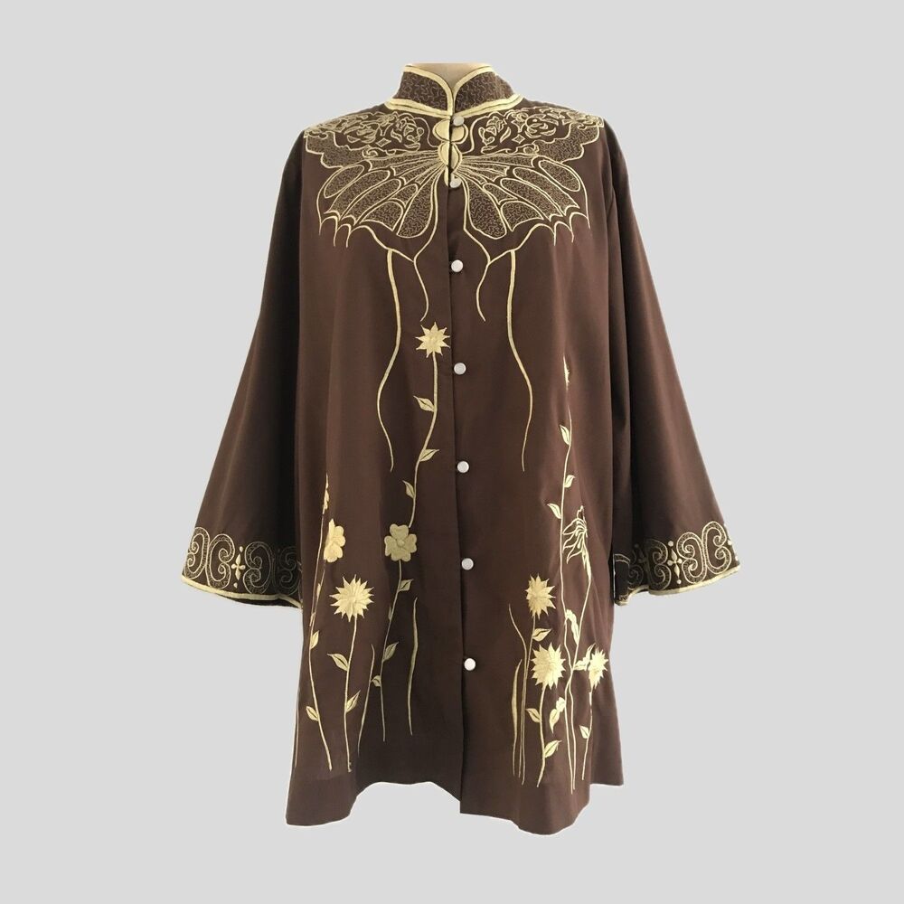 Vintage 1970s Brown Cotton Blend Floral Butterfly Embroidered Relaxed Top L - Picture 2 of 10